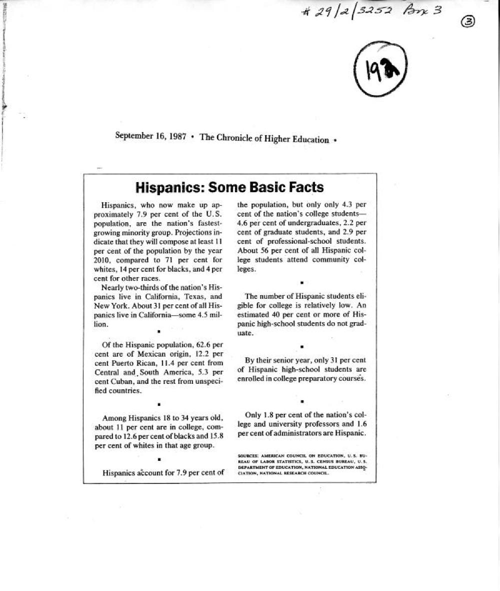 "Hispanics: Some Basic Facts," The Chronicle of Higher Education, September 16, 1987 page 1