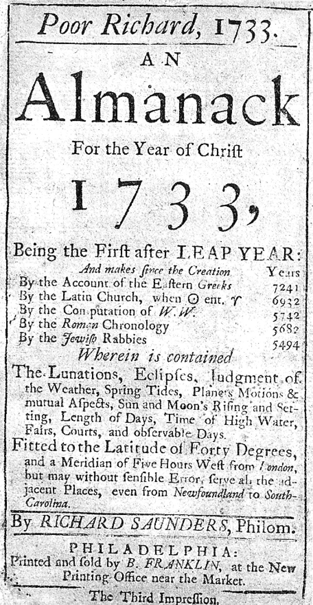 Poor Richard's Almanac, 1733 page 1