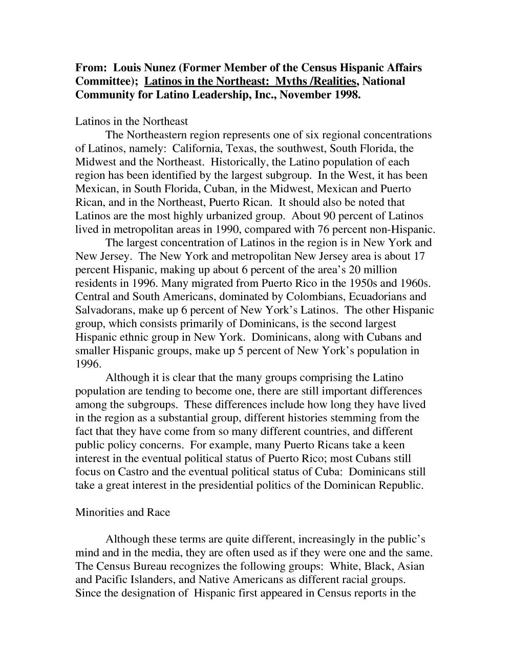 "Latinos in the Northeast," National Community for Latino Leadership, Inc., November 1998 page 1
