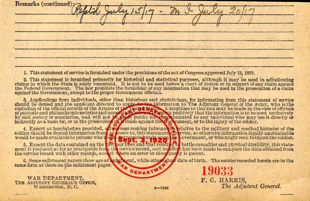 World War I Service Record for Harry Rodriguez, c. 1920 page 2