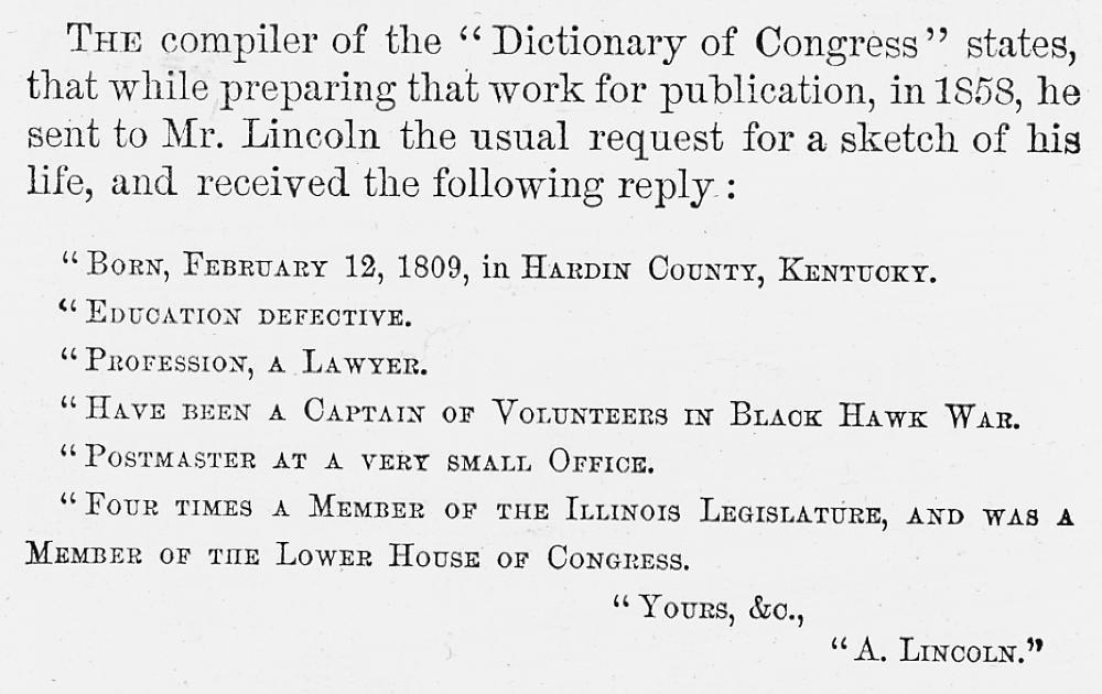 Lincoln's Sketch of His Life, 1858 page 1