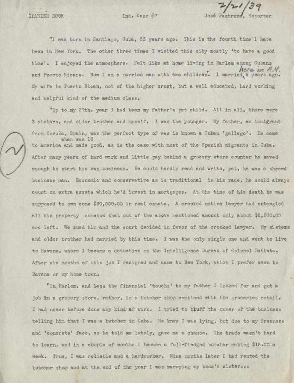 Federal Writer's Project Interview, Case #7, with a Male Immigrant from Santiago, Cuba, 1939 page 1