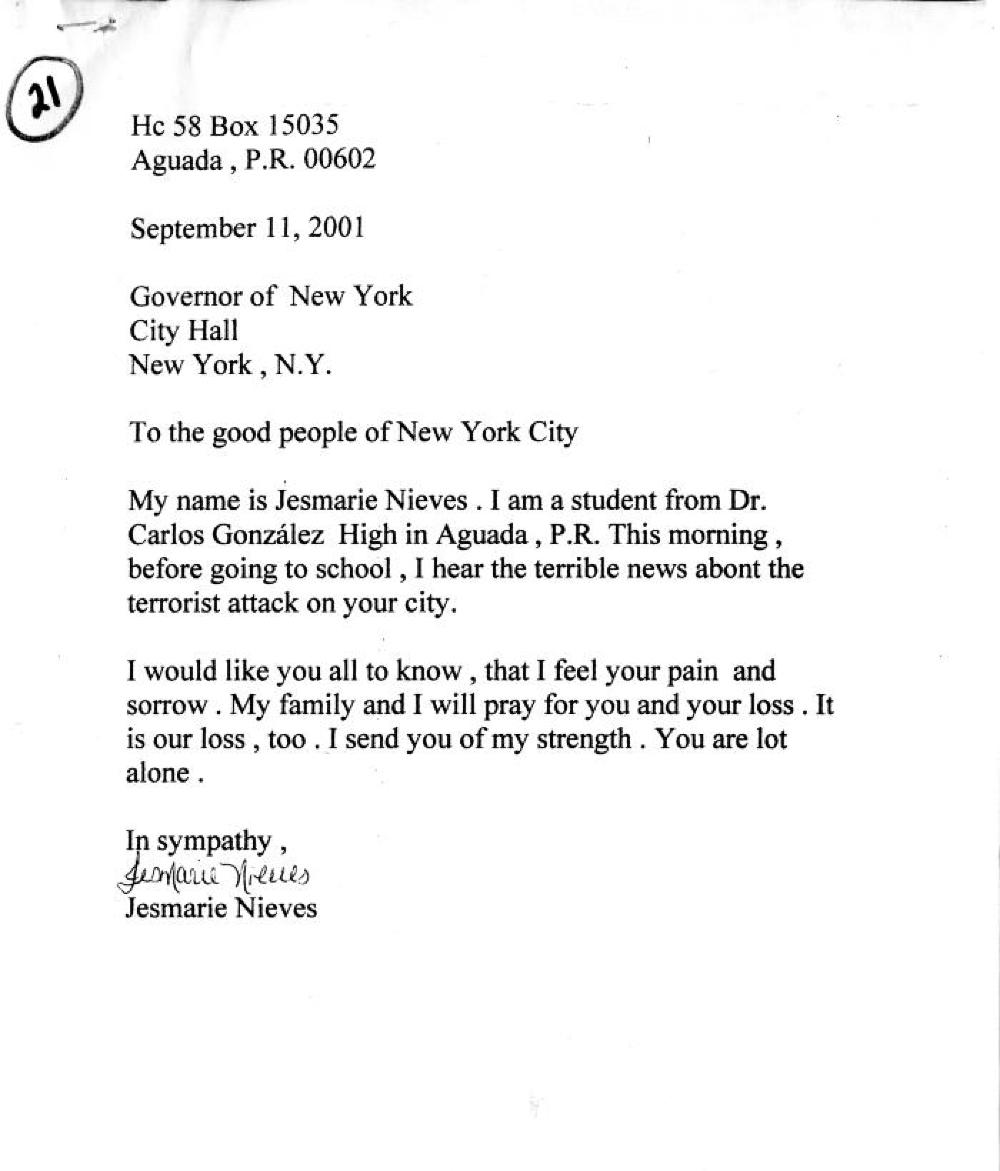 September 11th Letter from Nieves, 2001 page 1