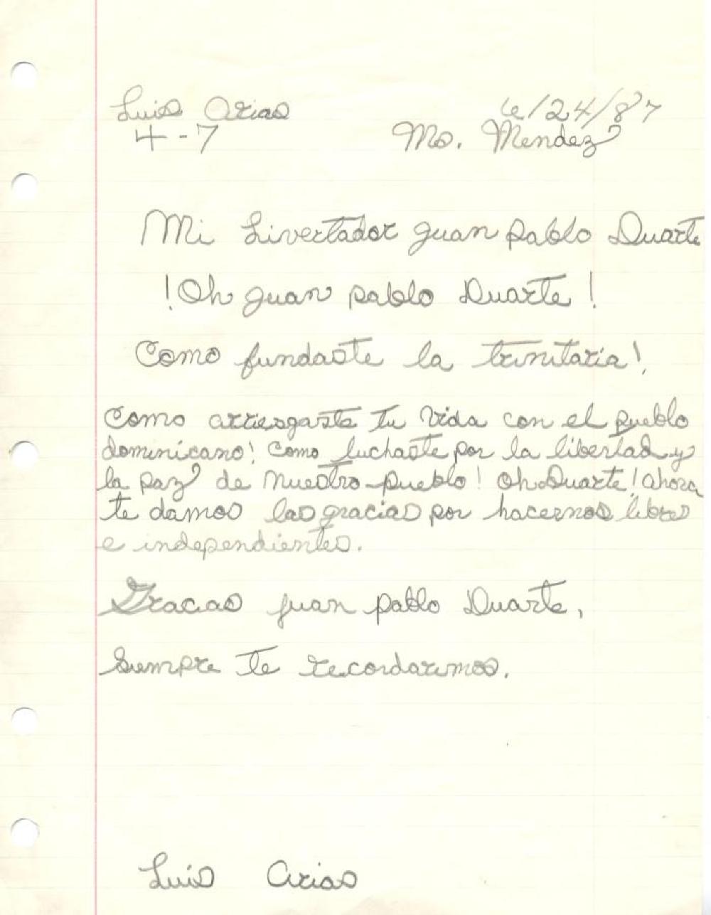 Student Essay on Juan Pablo Duarte, in Spanish, by Luis Arias, 1987 page 1
