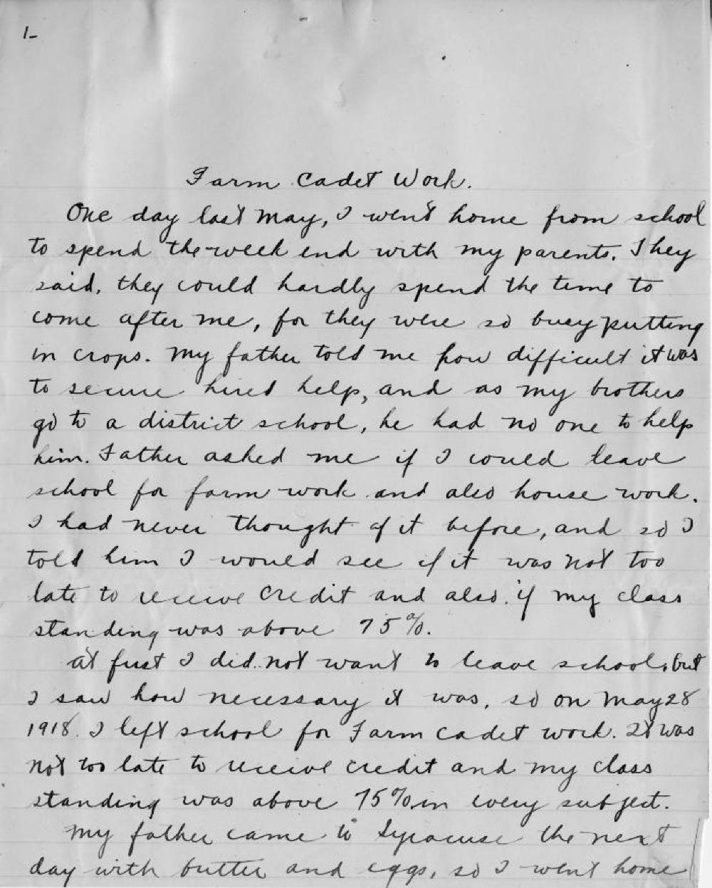 Elsie Blum's Farm Cadet Essay, World War I, September 12, 1918 page 1