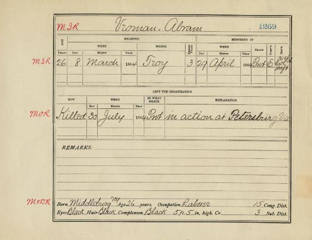 Muster Roll #1269 for Abram Vroman, Civil War, c. 1864 page 1