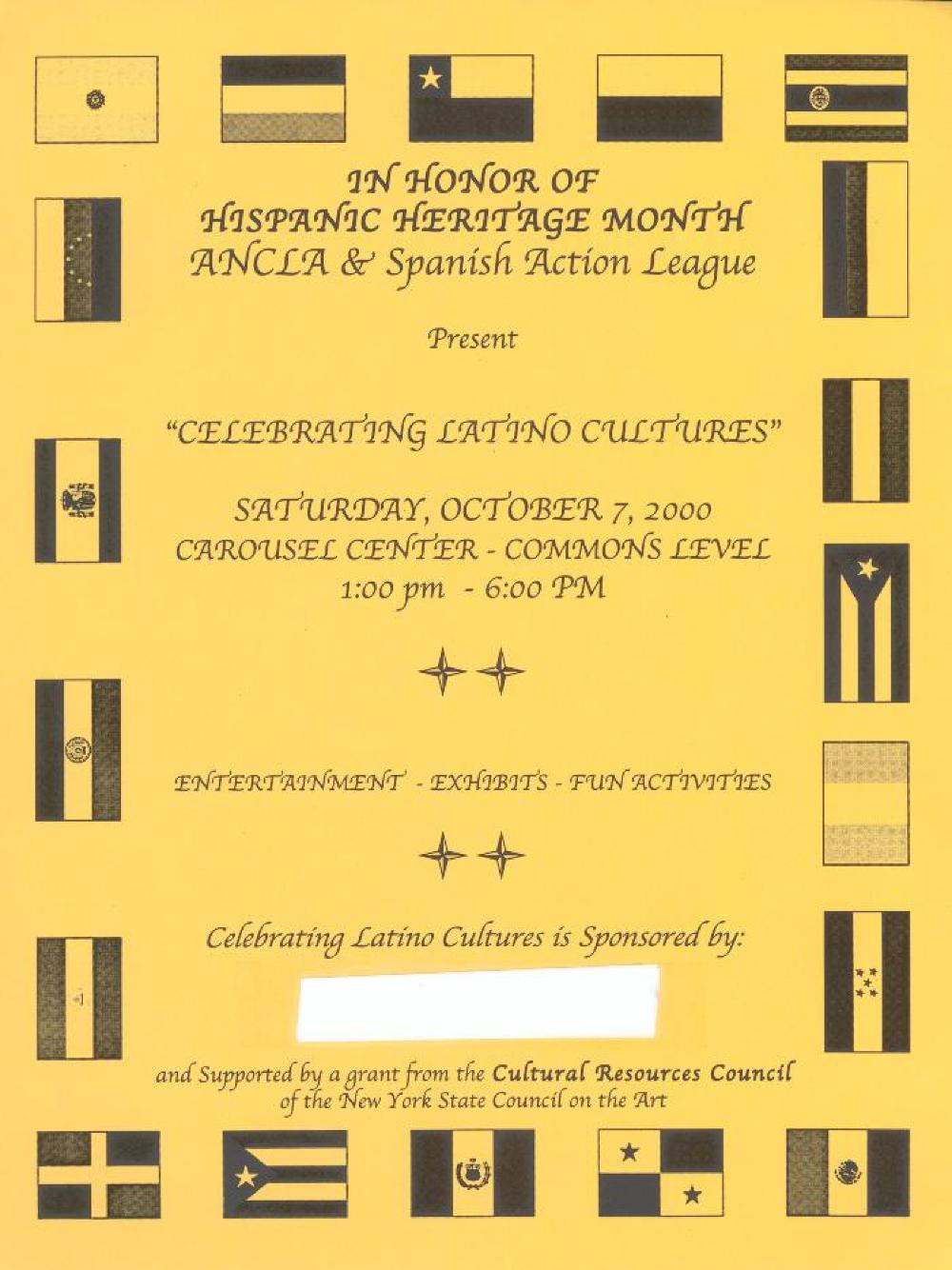 Spanish Heritage Month "Celebrating Latino Cultures" Flyer, Syracuse, 2000 page 1