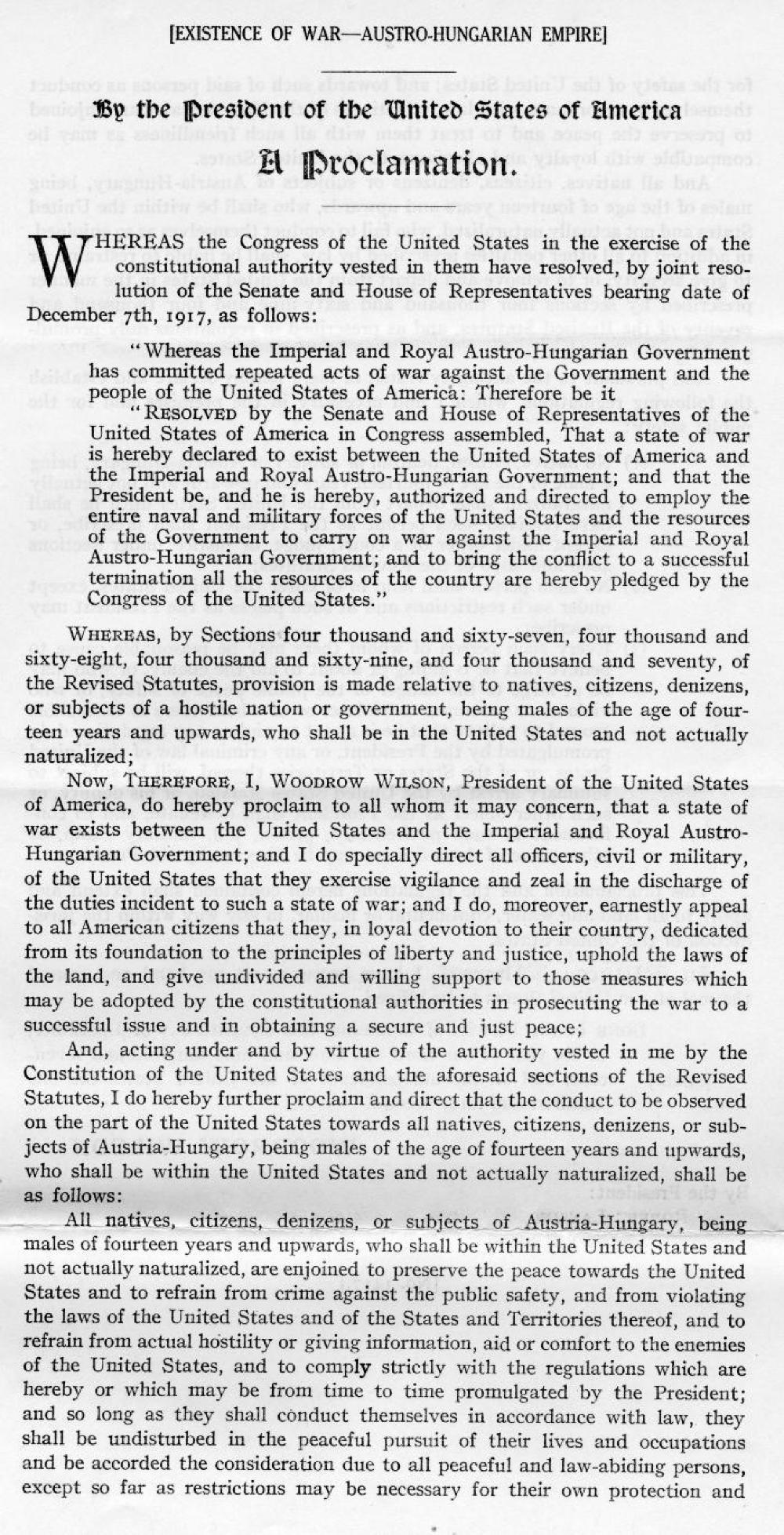 War with Austria-Hungary, A Proclamation by President Woodrow Wilson, December 11, 1917 page 1
