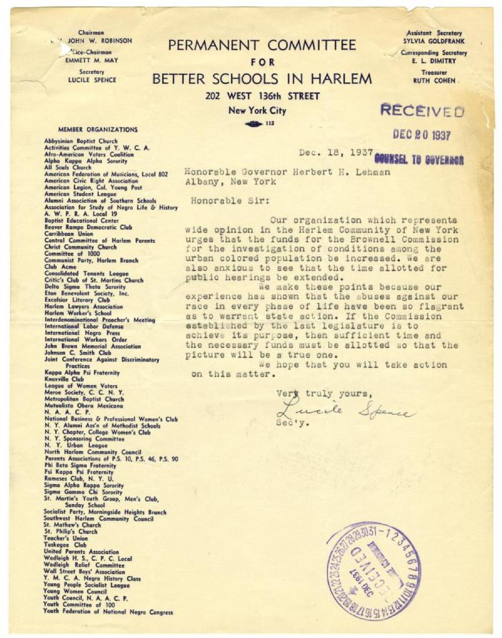 Letter from Permanent Committee for Better Schools in Harlem to Gov. Lehman, 1937 page 1