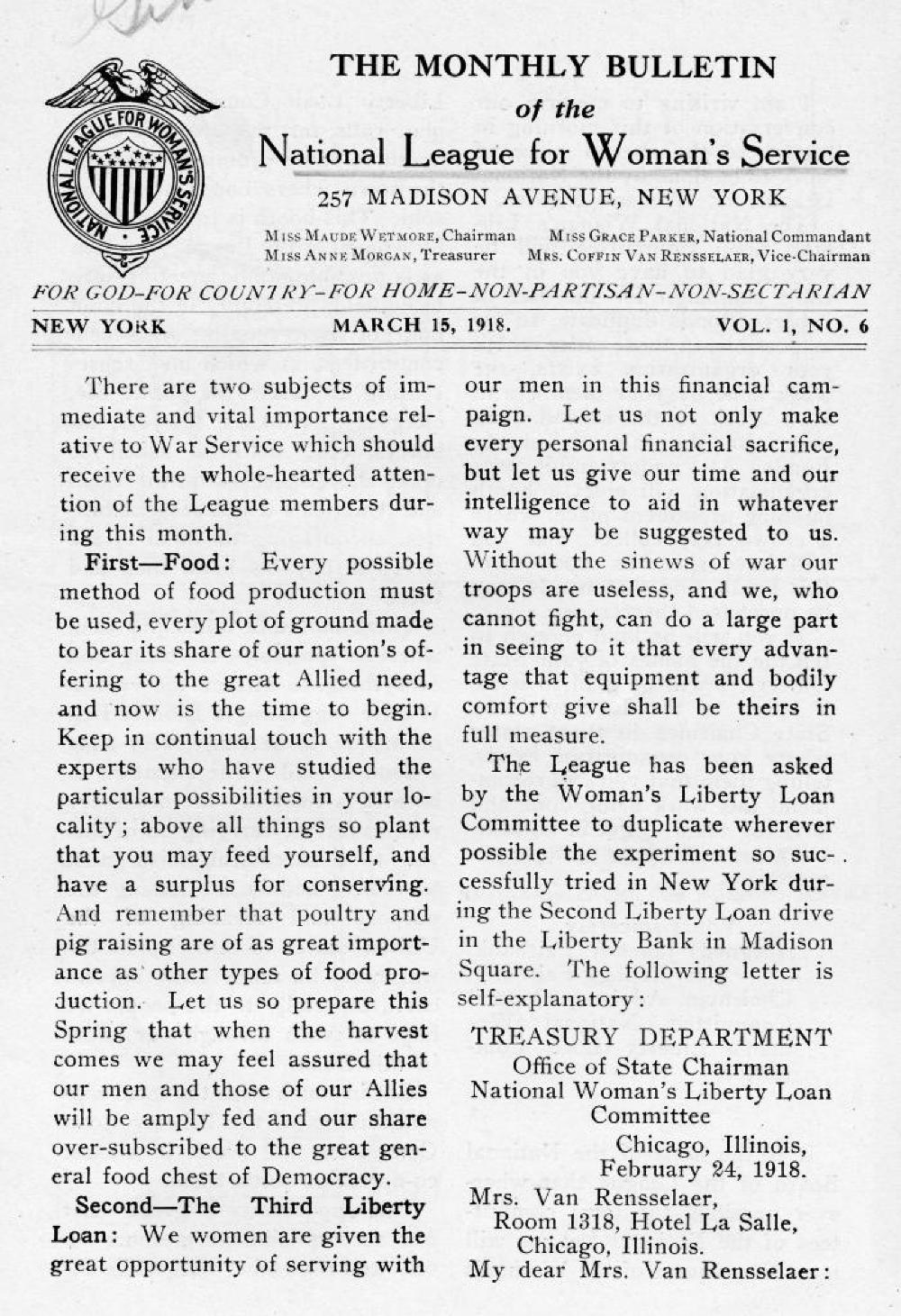 National League for Woman's Service Bulletin, World War I, March 15, 1918 page 1