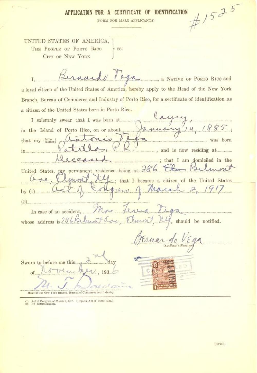 Application for Certificate of Identification, Bernardo Vega, 1936 page 1