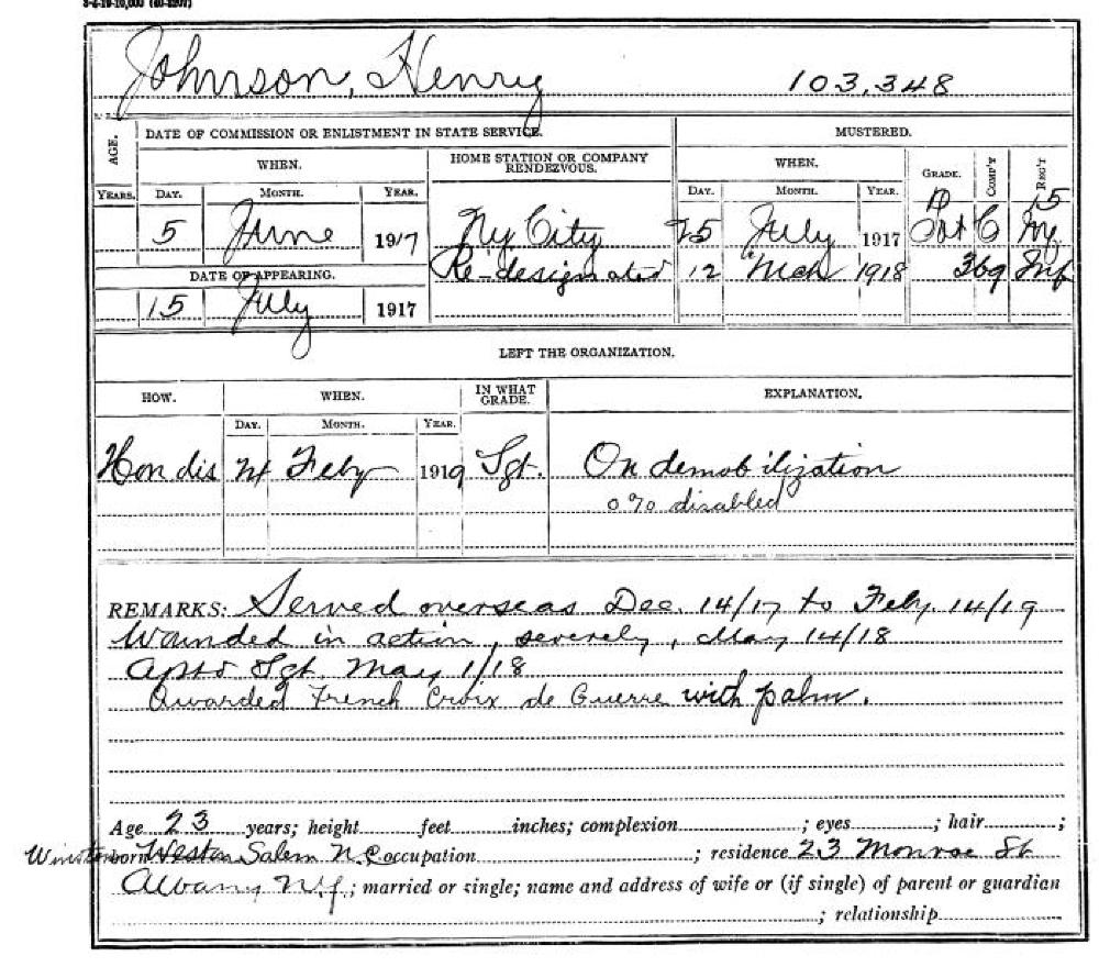 National Guard Muster Roll Abstract for Henry Johnson, 1917-1919 page 1