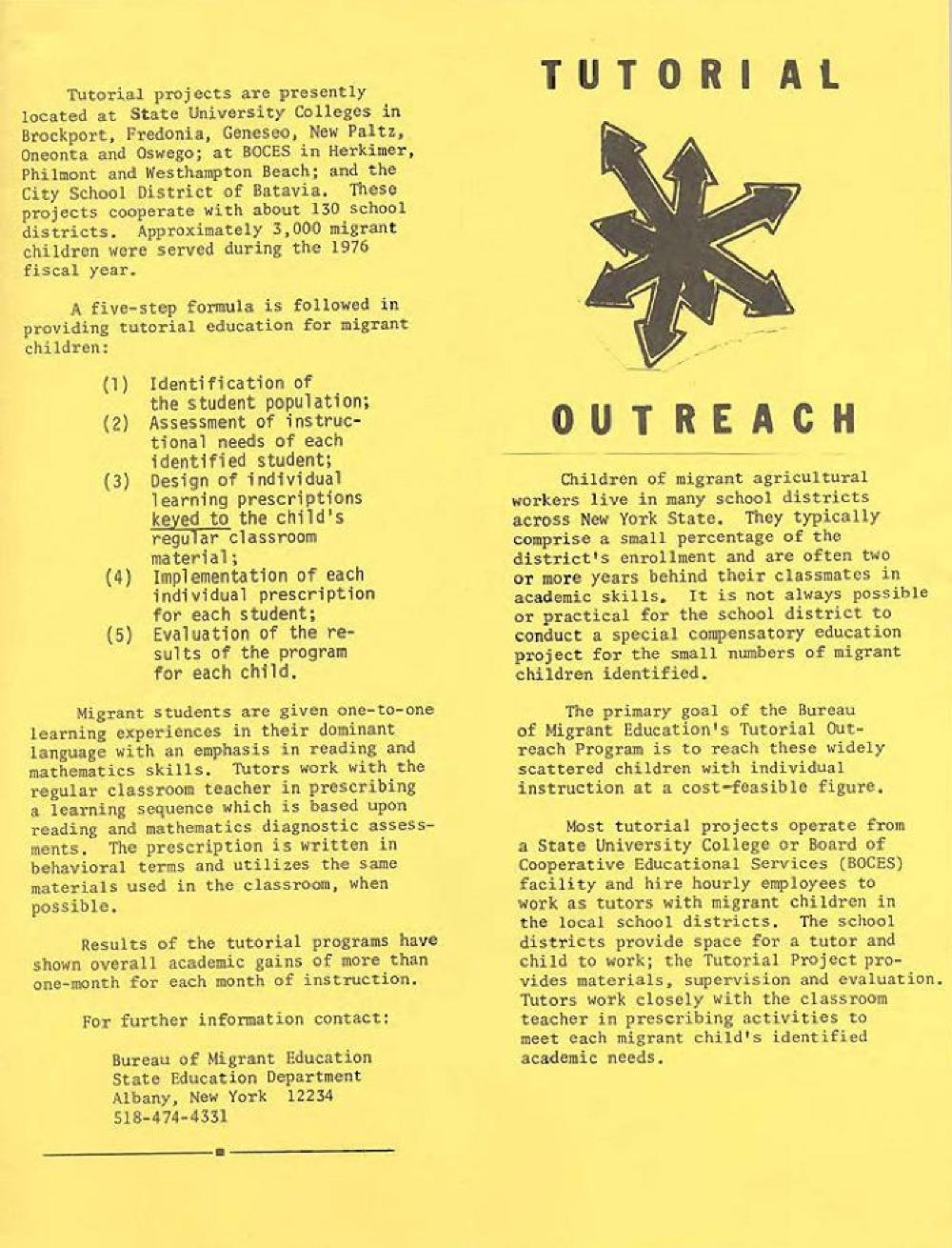 New York State Migrant Tutorial Education Outreach Network Flyer, 1976 page 1