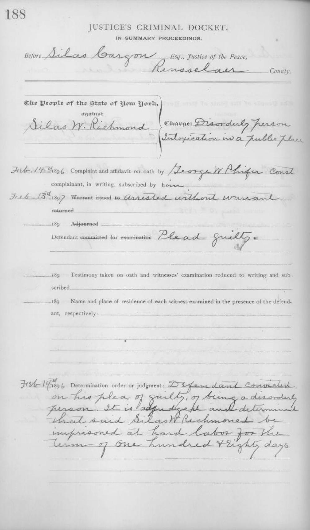 Town of Schodack Justice's Criminal Docket, 1897-1900 page 1