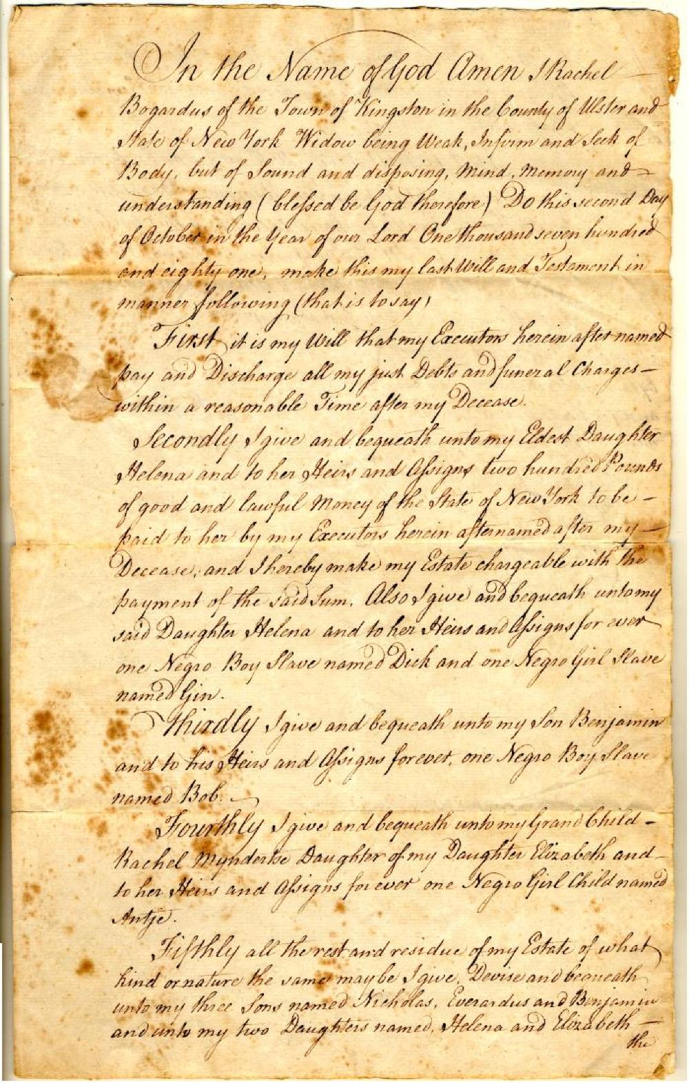 Will of Rachel Bogardus, October 2, 1781 page 1