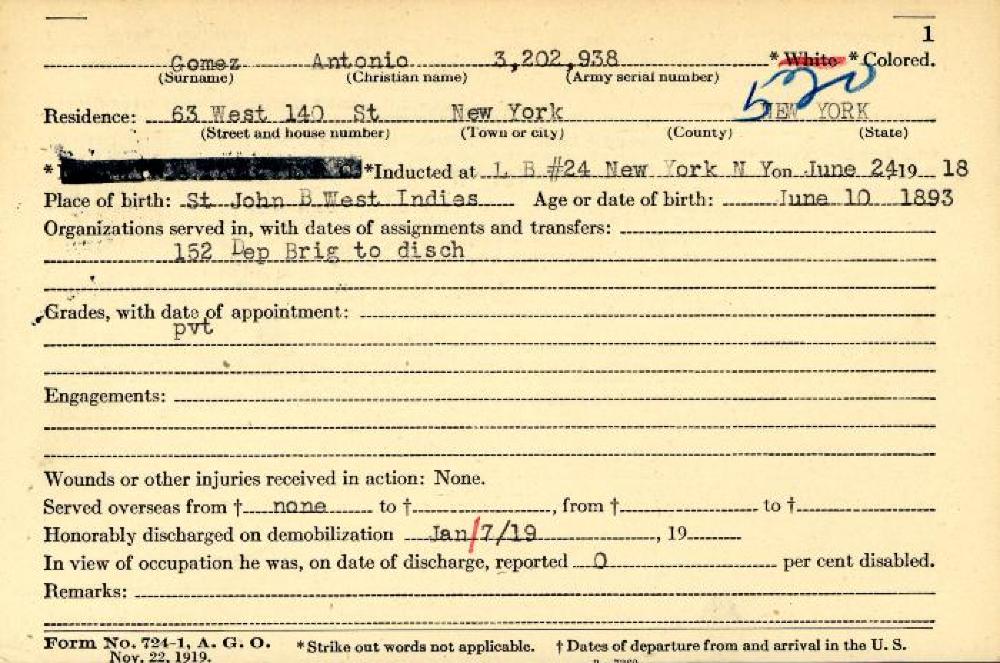 World War I Service Record for Antonio Gomez, c. 1919 page 1