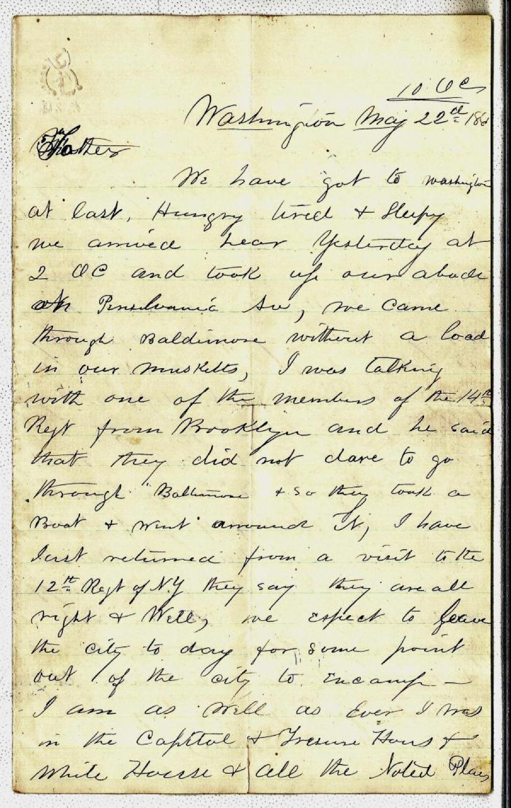 Letter from Alfred Penny to his father; May 22, 1861 page 1