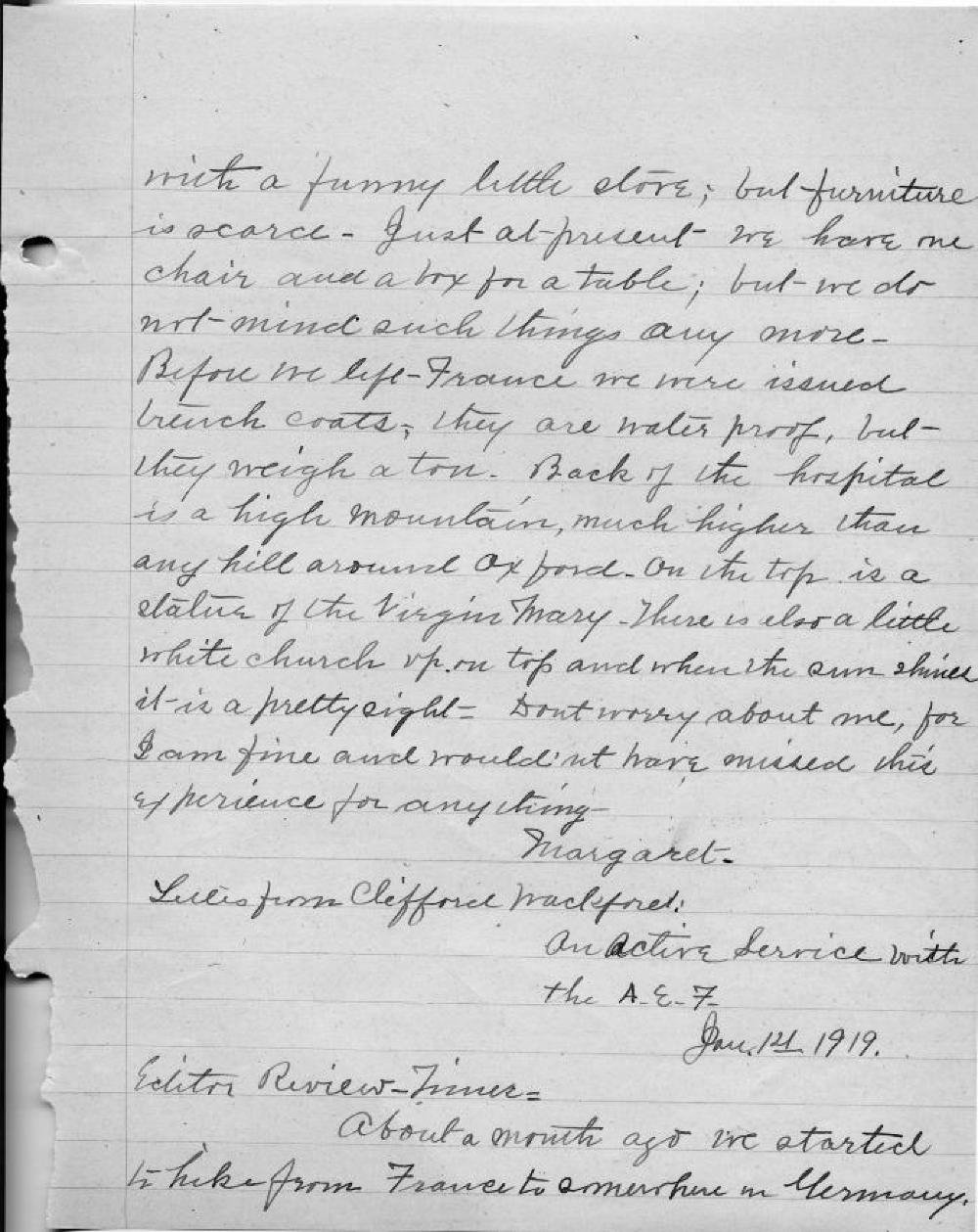 Margaret Quinn Letter, World War I, 1919 page 2