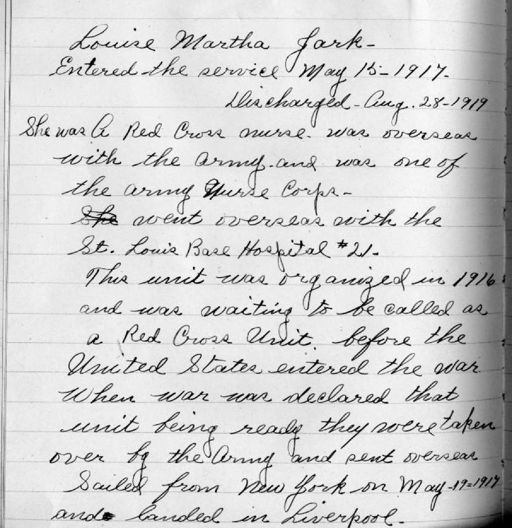 Louise Martha Jark, World War I Red Cross Nurse, Biography, c. 1919 page 1