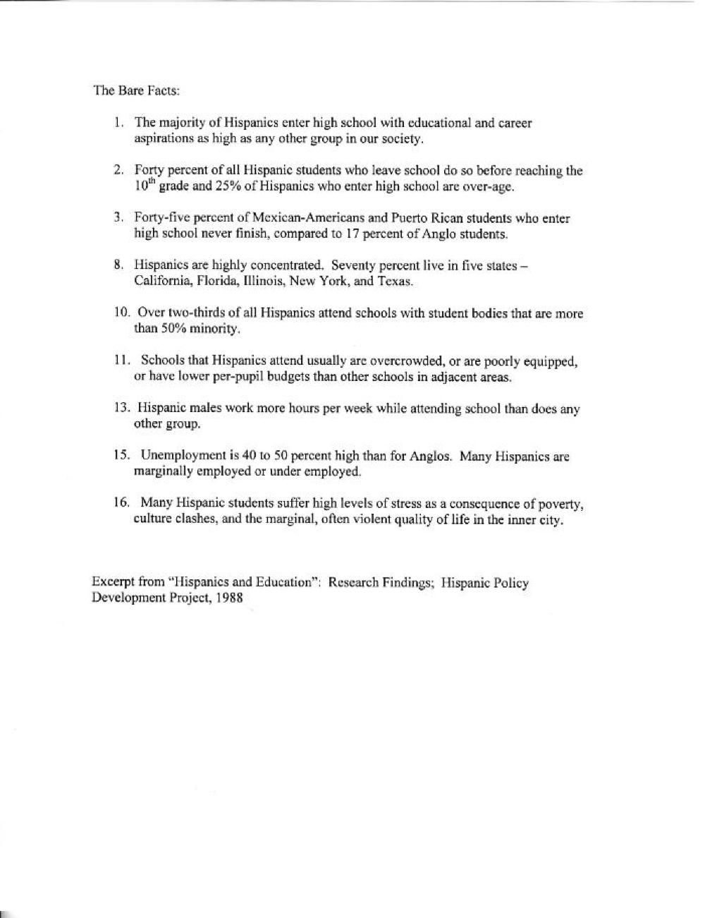The Bare Facts: Hispanics and Education, Hispanic Policy Development Project, c. 1988 page 1