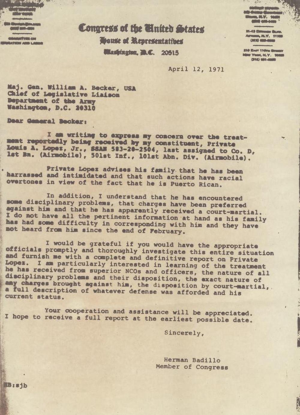 Letter from Congressman Herman Badillo Regarding Harassment of Puerto Rican Soldier, 1971 page 1
