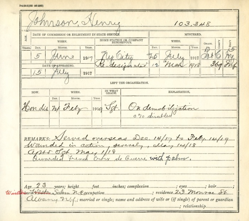 National Guard Muster Roll Abstract for Henry Johnson, 1917-1919 page 2