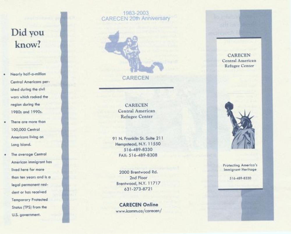 Central American Refugee Center (CARECEN) 20th Anniversary Newsletter, 2003 page 1