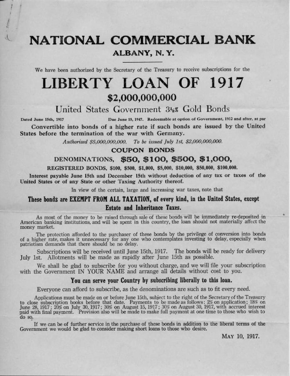 Liberty Loan Poster, World War I, Albany, NY, May 10, 1917 page 1