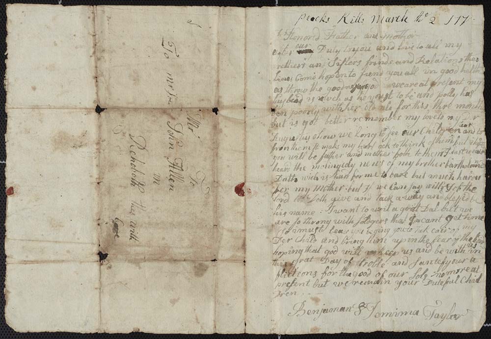 Letter from Benjamin and Jemima Taylor to Her Parents, Peekskill, March 2, 1777 page 1