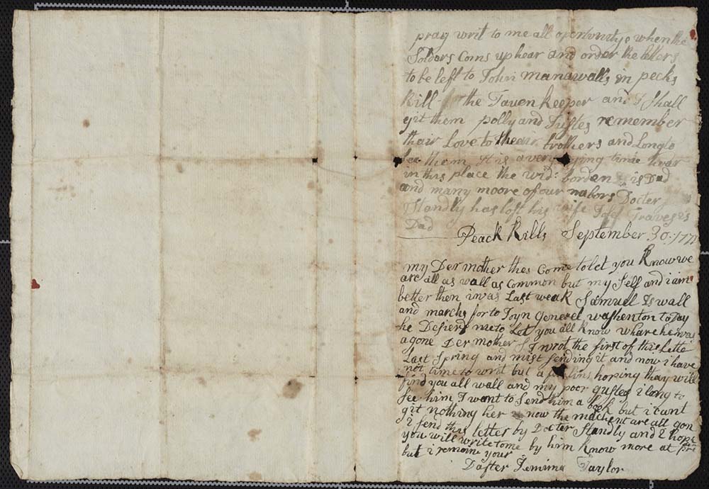 Letter from Jemima Taylor to Her Mother, Peekskill, September 30, 1777 page 1