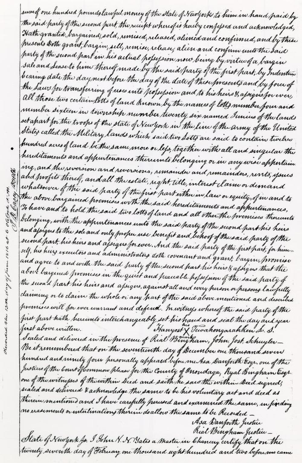 Deeds for Land, Military Tract, Cayuga County, 1791 (Issac Samson and Hanyost Tewahongarahken) page 3