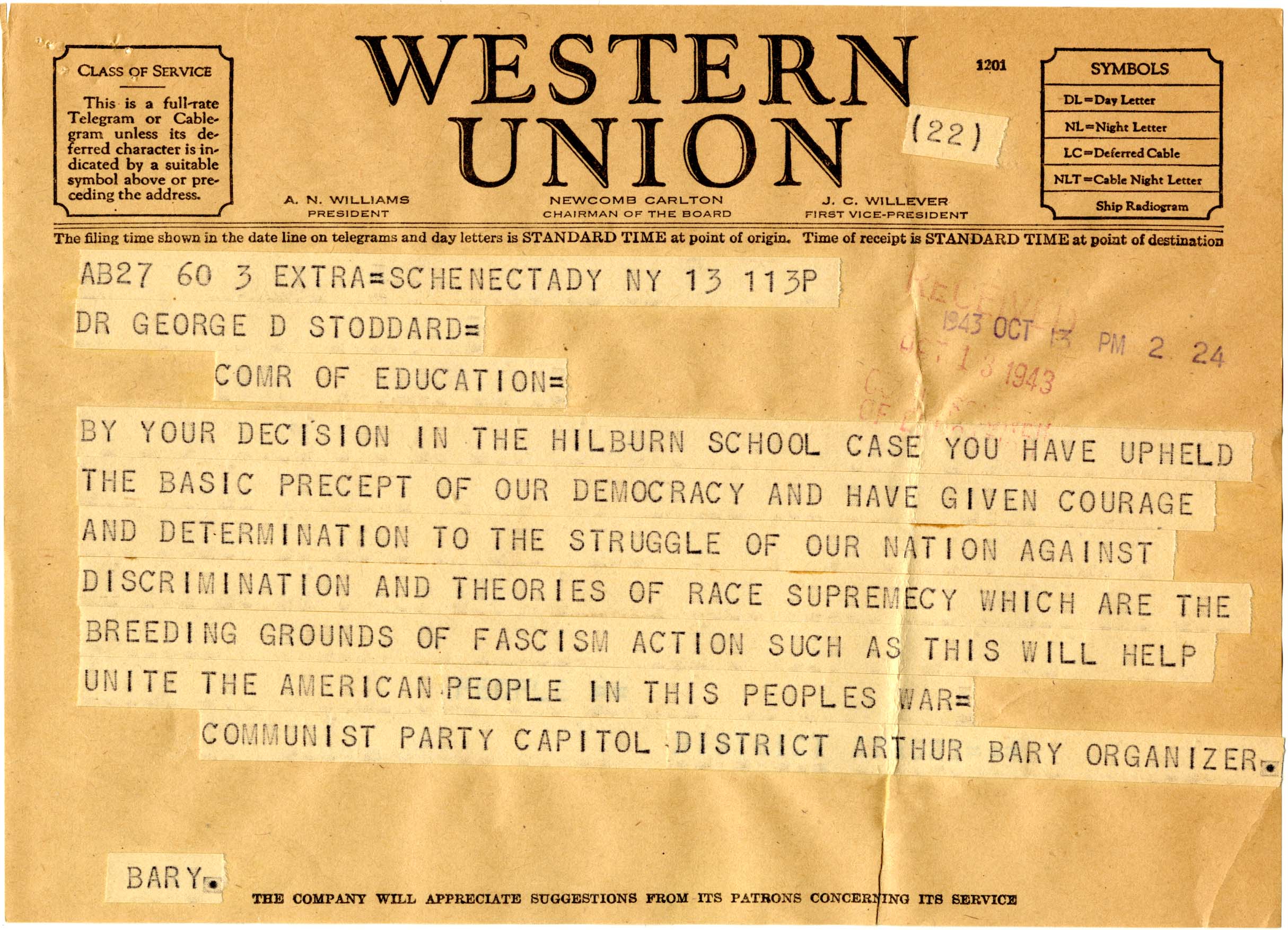 Telegram from Arthur Bary to Commissioner George Stoddard Regarding the Hillburn Decision page 2