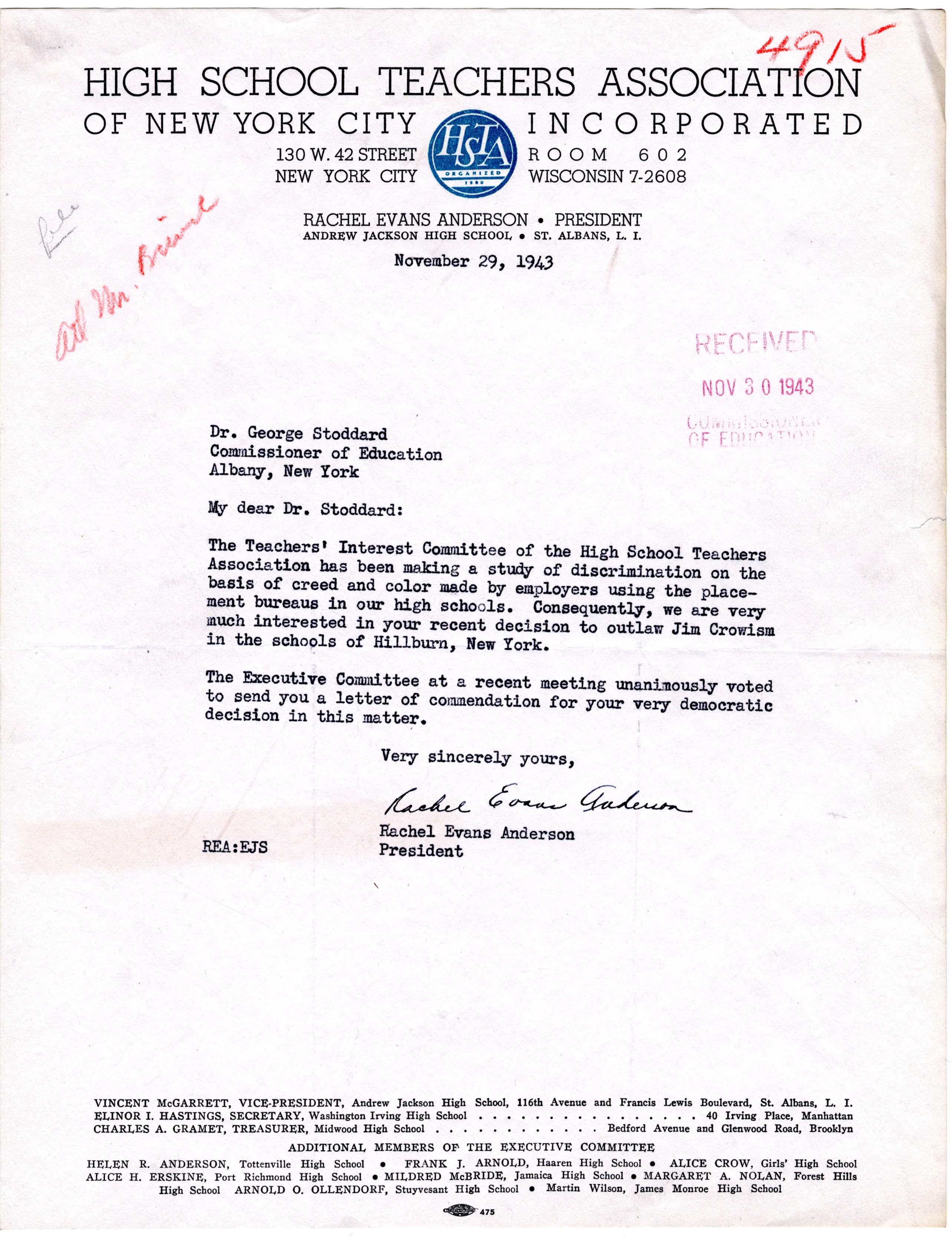 Letter from the President of the High School Teachers Association of New York City to the Commissioner of Education  page 1