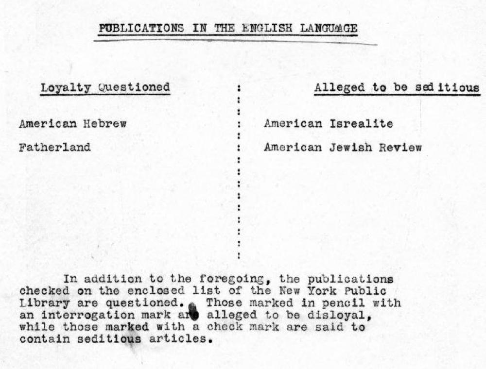 Card Listing Publications Suspected of Sedition, World War I, c. 1917 page 1