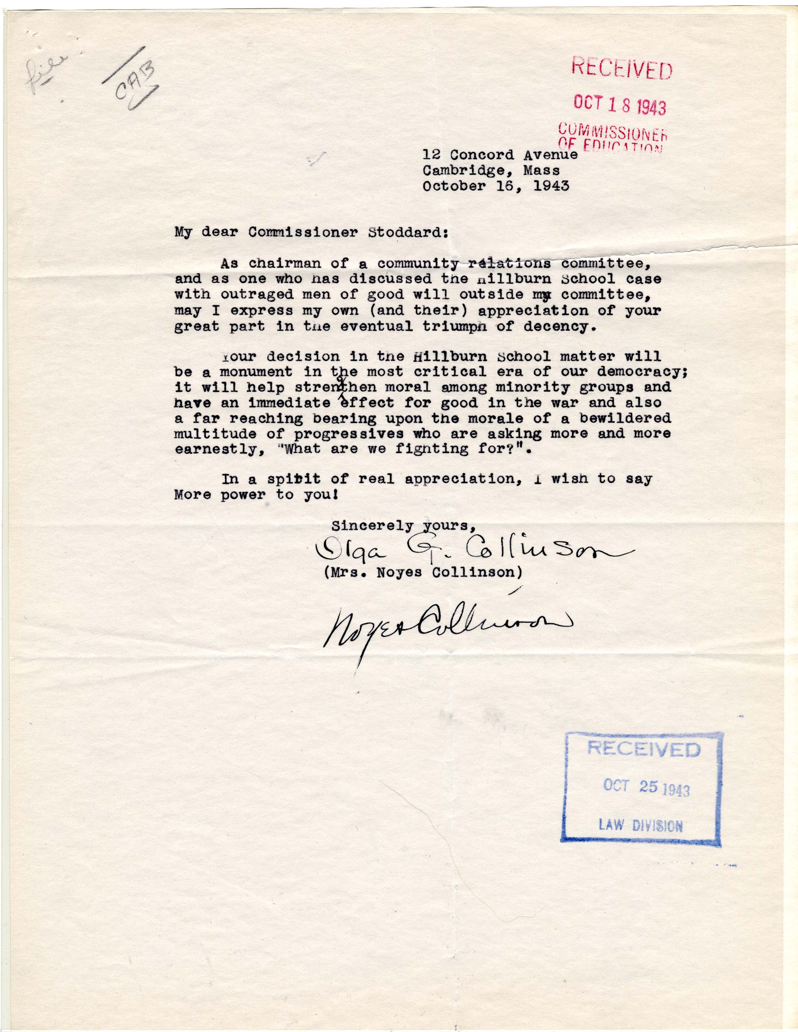 Letter from Olga Collinson to the Commissioner of Education page 1