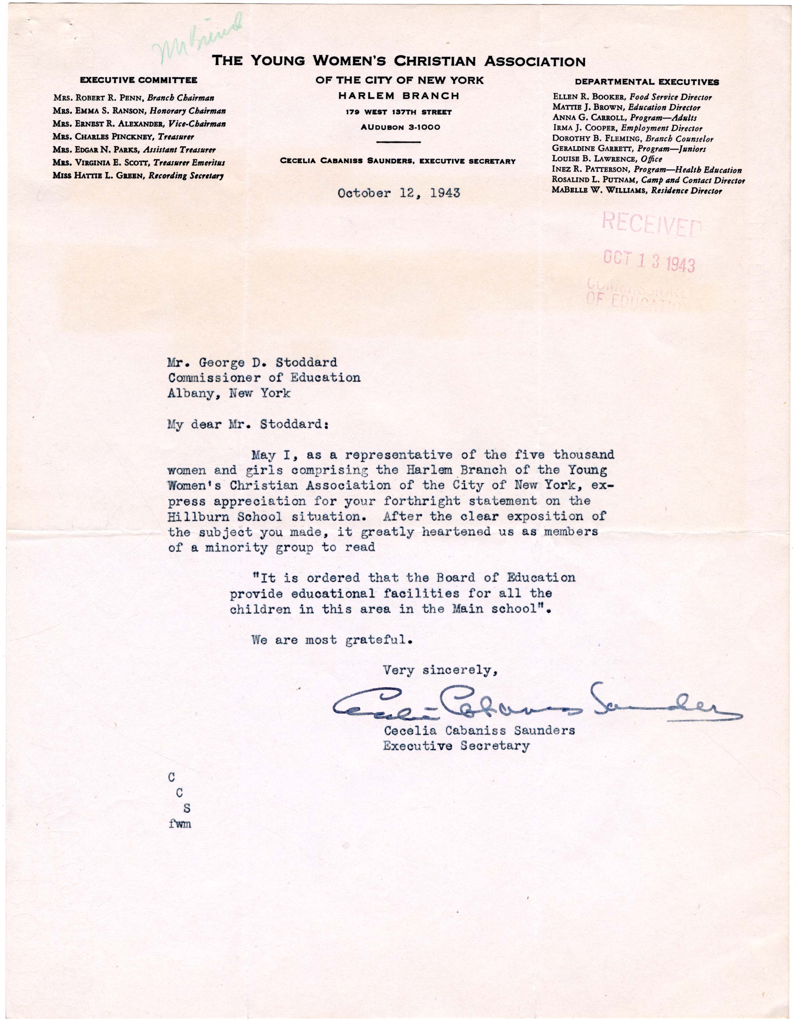 Letter from the YWCA of Harlem to the Commissioner of Education page 1