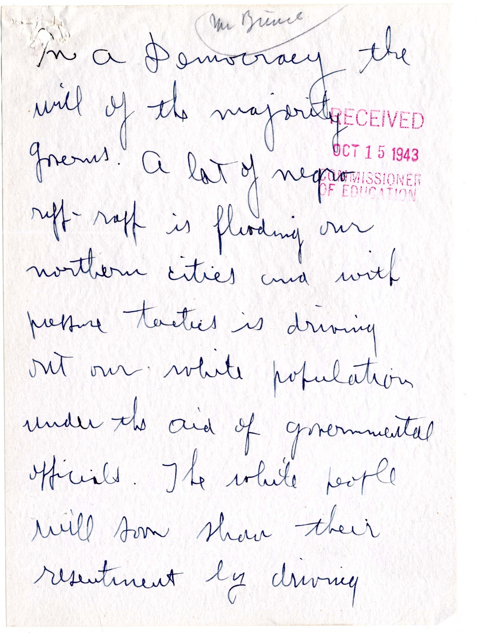 Anonymous Letter to the Commissioner of Education Regarding the Hillburn Case page 1