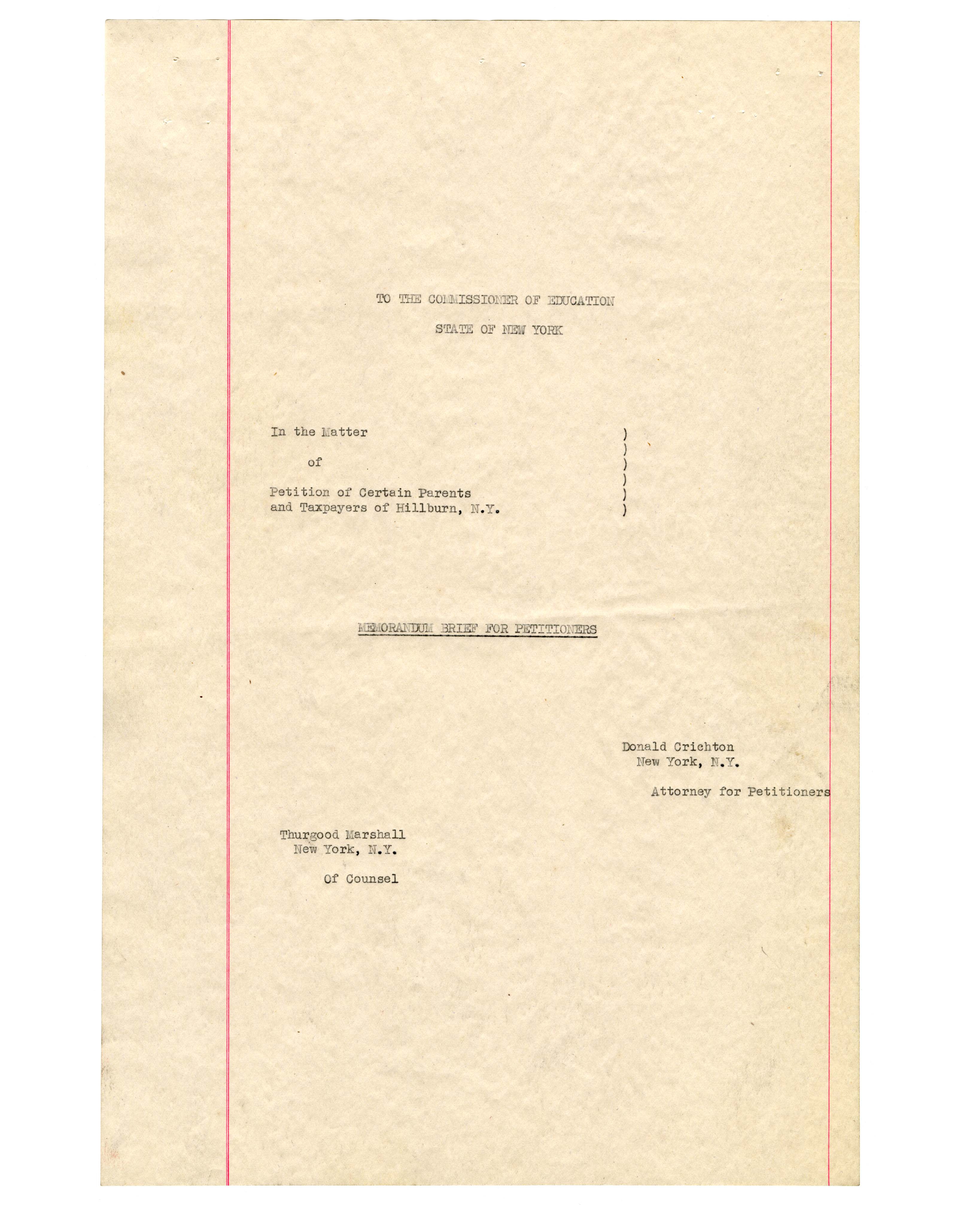 Memorandum Brief for Petitioners in the Hillburn Desegregation Case page 1