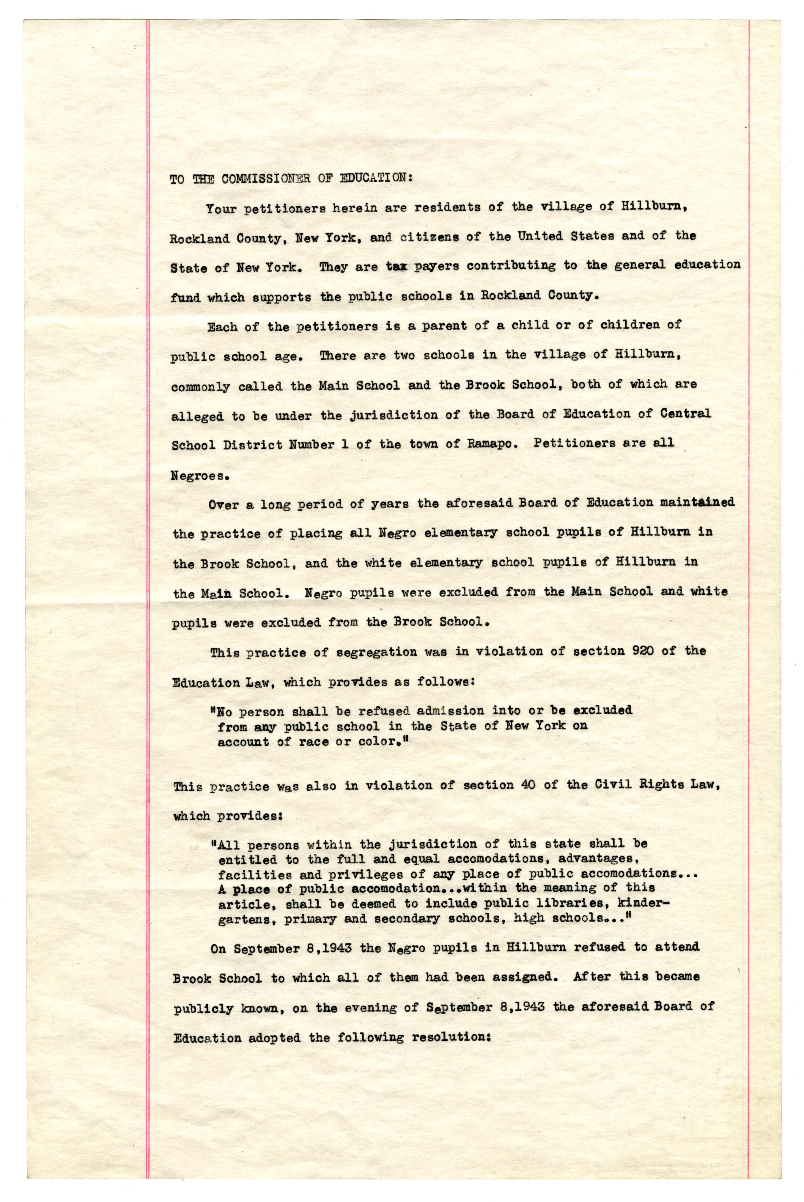 Petition of the Residents of the Village of Hillburn, Rockland County, New York to the Commissioner of Education page 1
