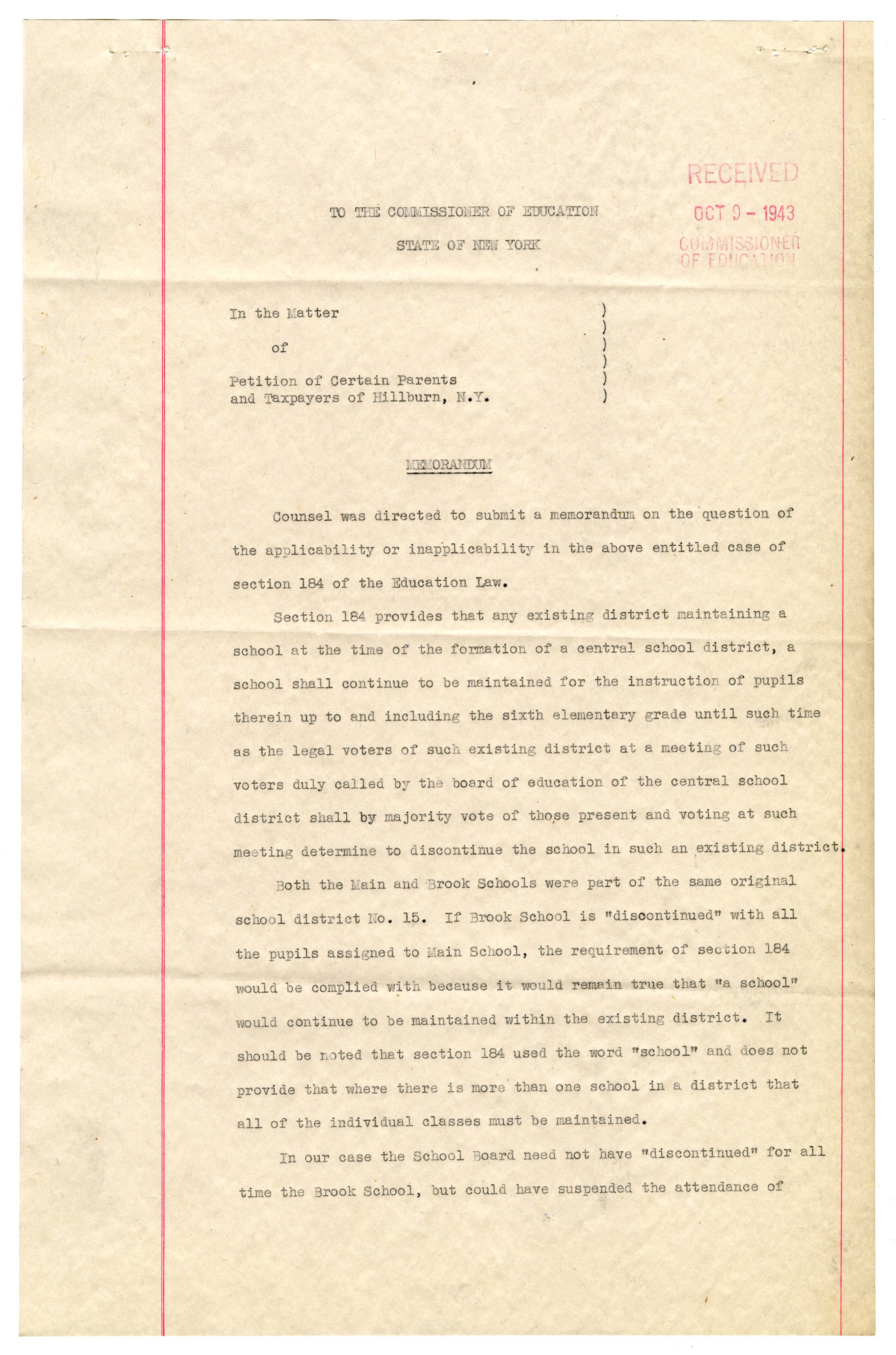 Memorandum sent to the Commissioner of Education for the Hillburn Case page 1