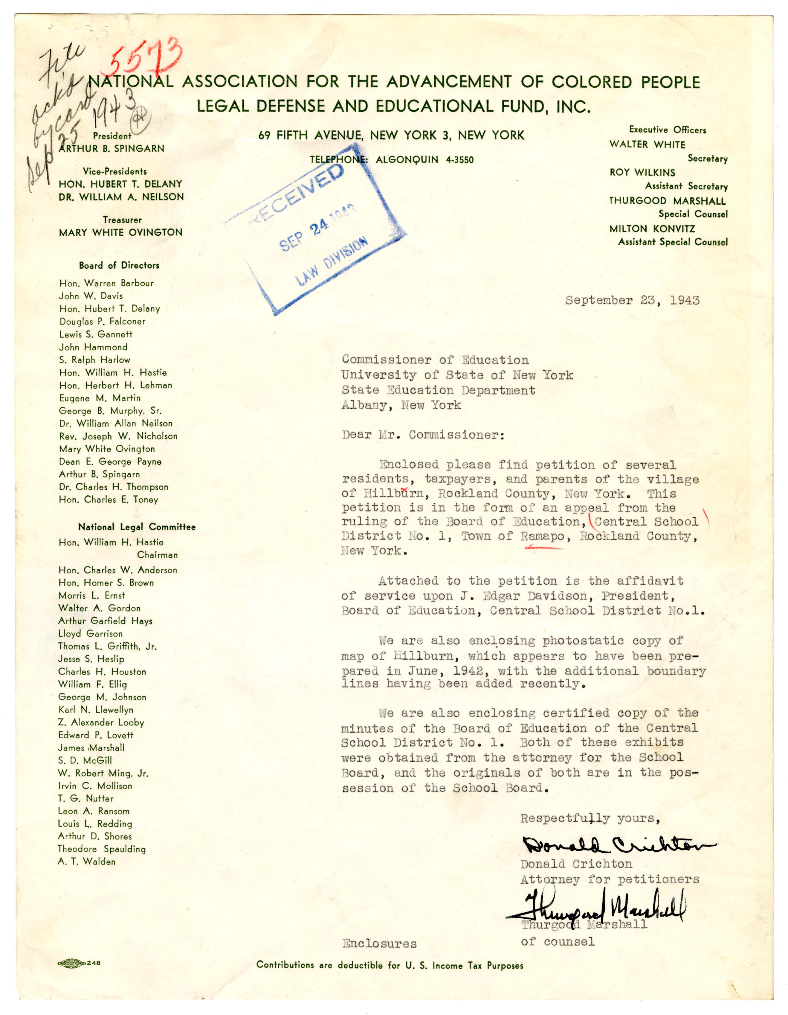 Cover Letter for the Petition Filed by the Residents of Hillburn, New York to the Commissioner of Education page 1