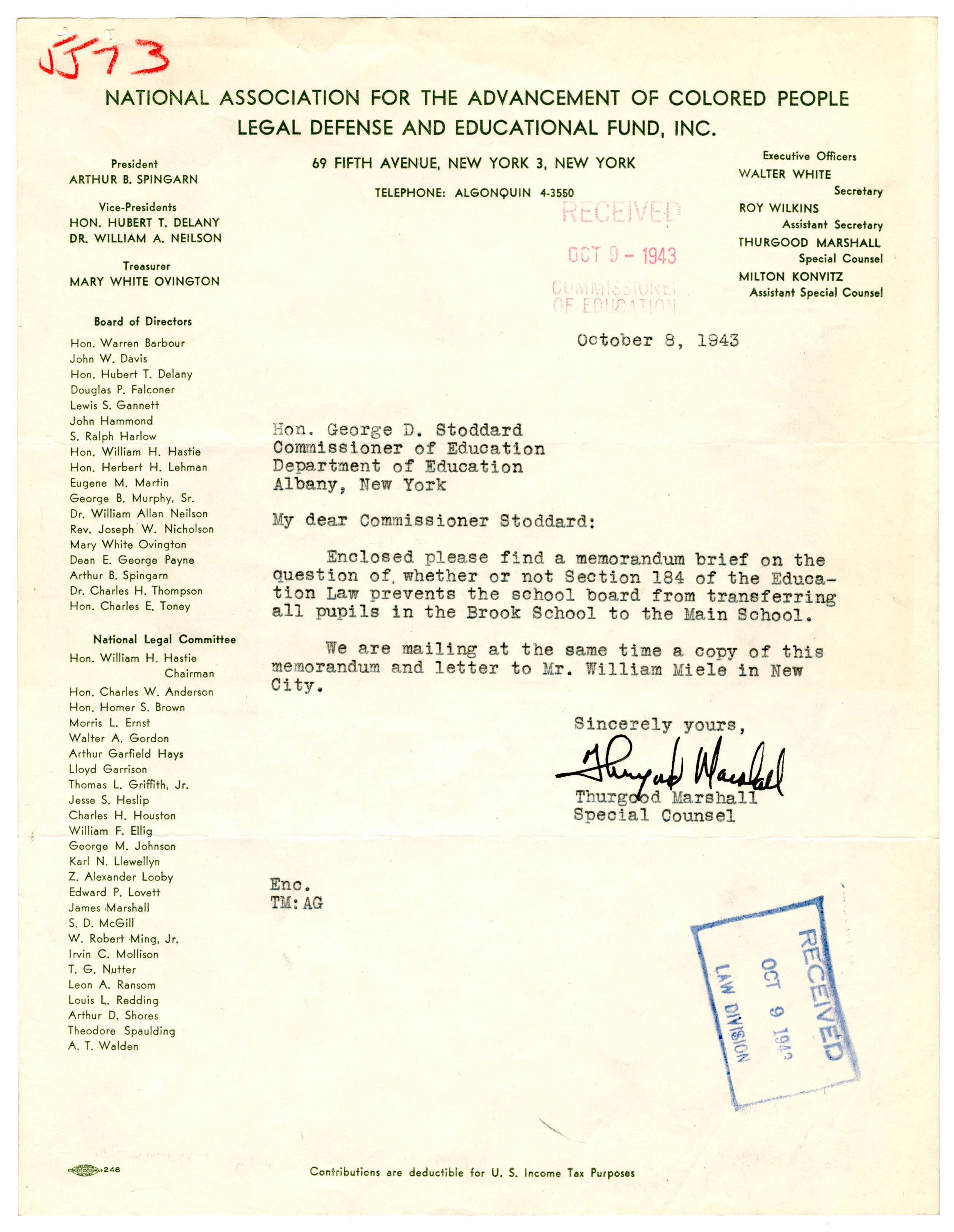 Cover Letter for the Memorandum Brief Sent to the Commissioner of Education Regarding the Hillburn Case page 1