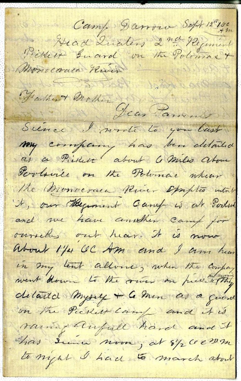 Letter from Alfred Penny to his parents; September 12, 1861 page 1