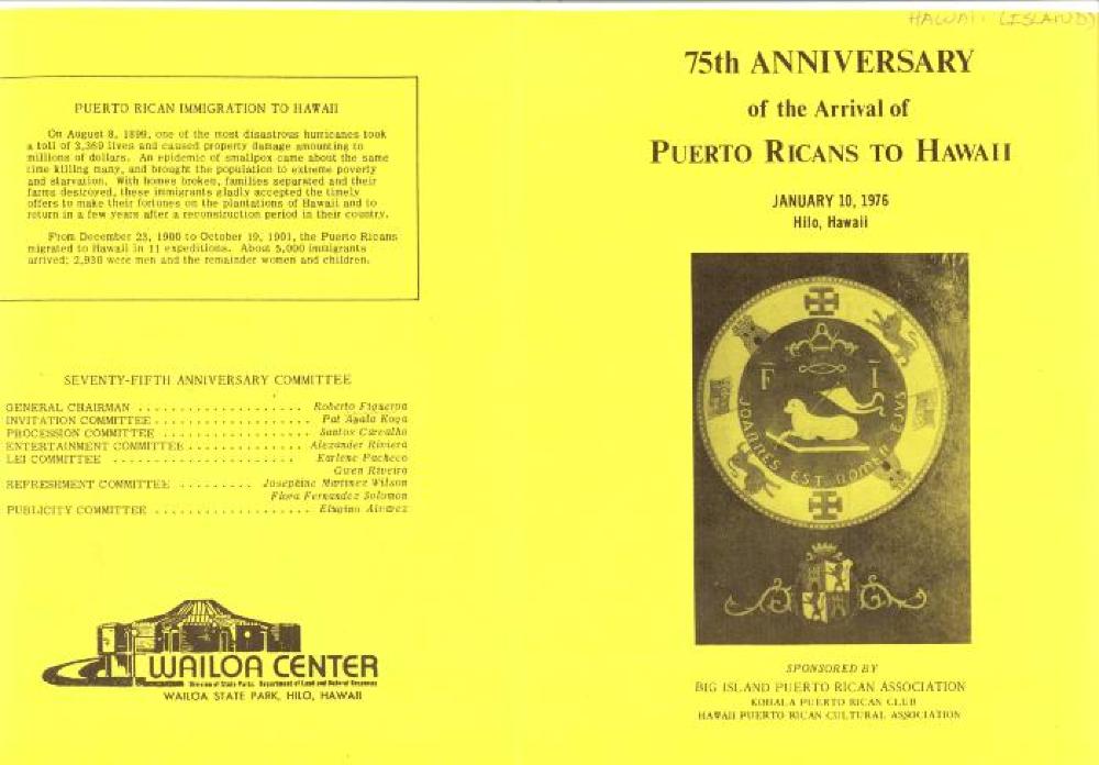 Program for 75th Anniversary of Puerto Ricans in Hawaii, 1976 page 1