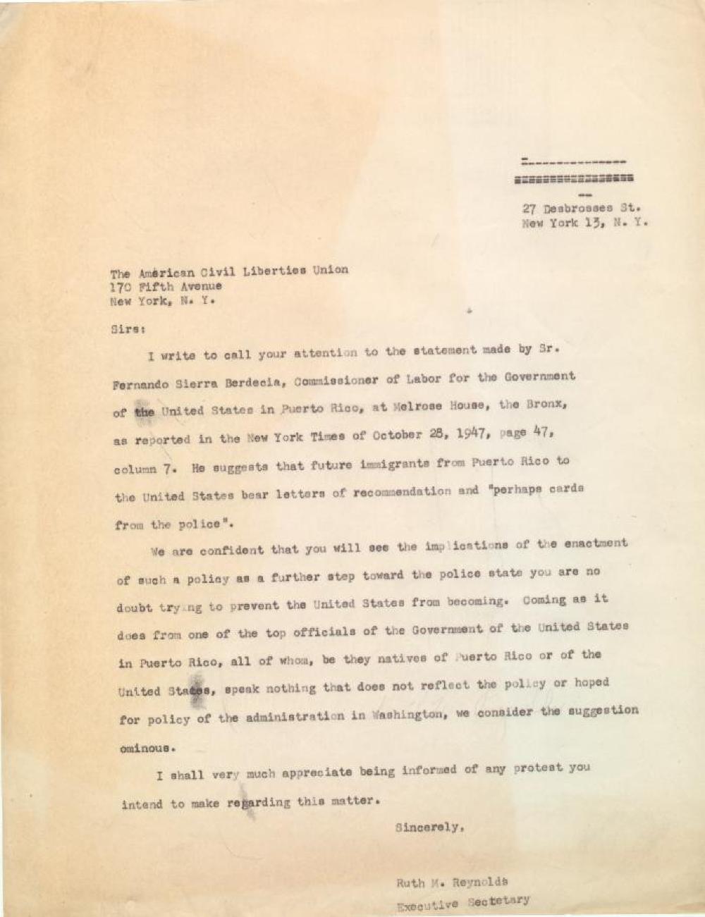 Letter to American Civil Liberties Union (ACLU) about Puerto Rican Immigration Credentials, c. 1947 page 1