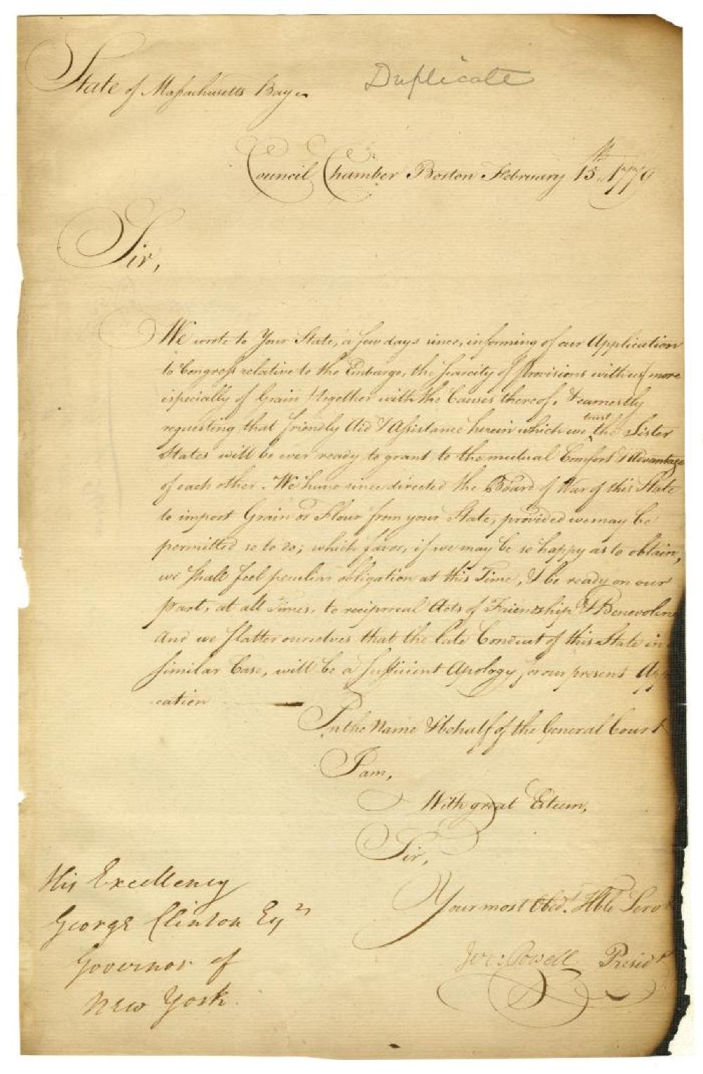 Massachusetts Requests Grain from New York, February 15, 1779 page 1