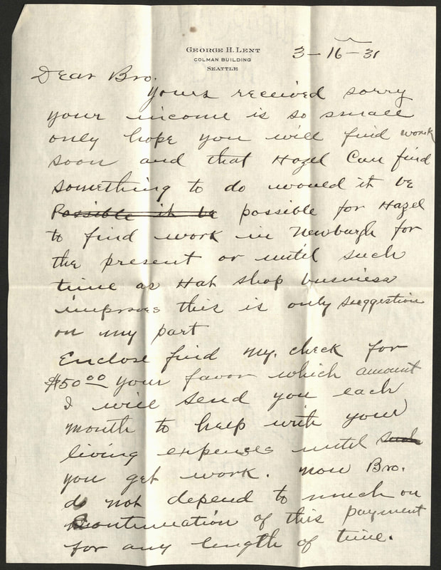 Letter. George Lent to this Brother, March 16, 1931 page 1