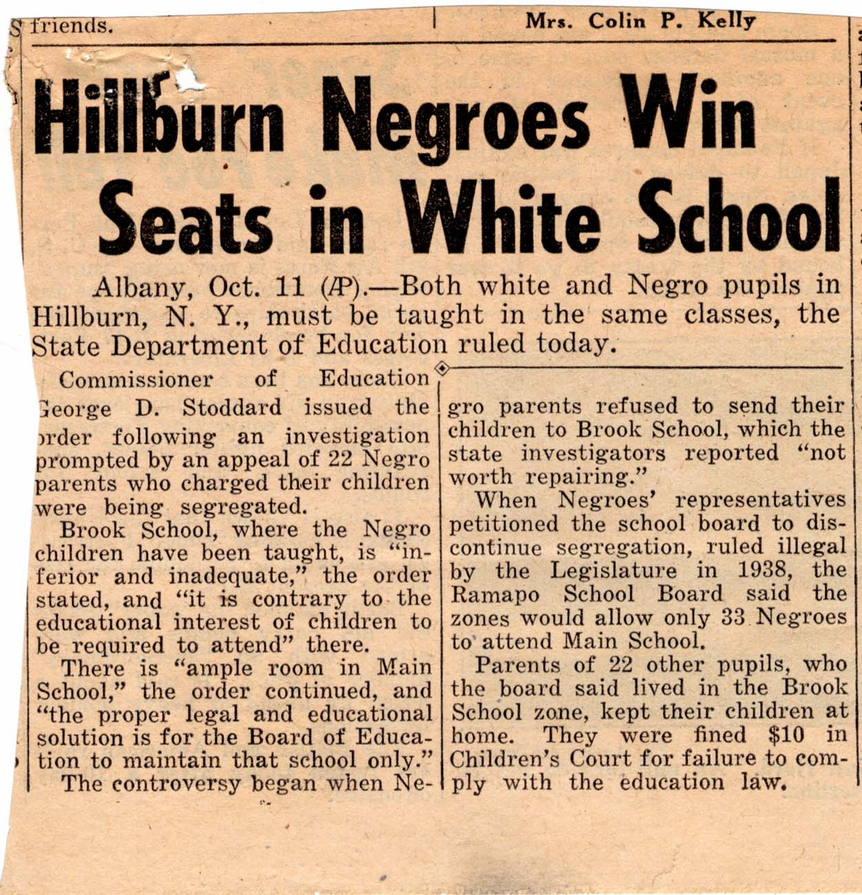 Newspaper Article Describing the Outcome of the Hillburn Desegregation Case page 1