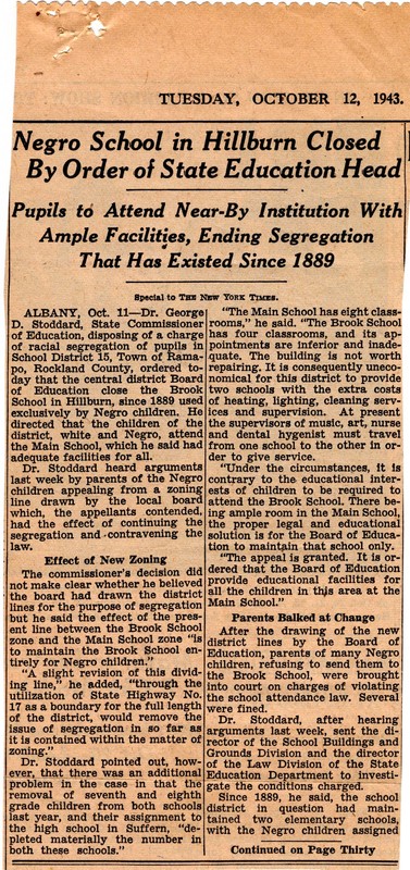 Negro School in Hillburn Closed by Order of State Education Head page 1