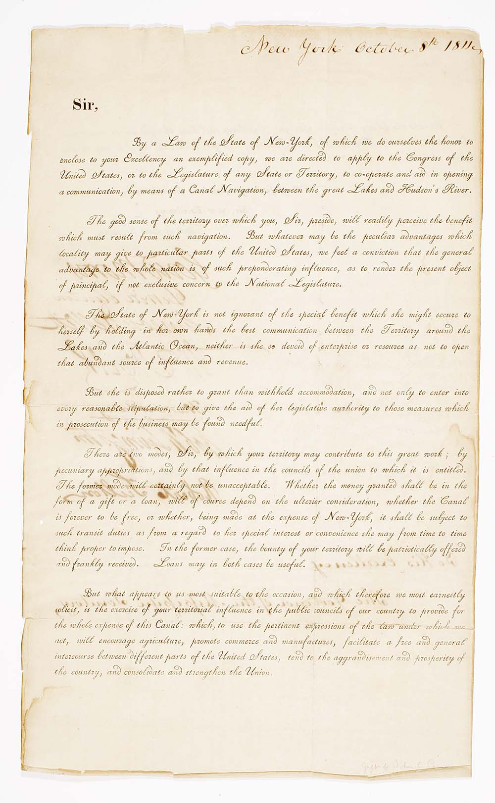 Letter from New York's Canal Commissioners to the Governor of Mississippi Territory, 1811 page 1